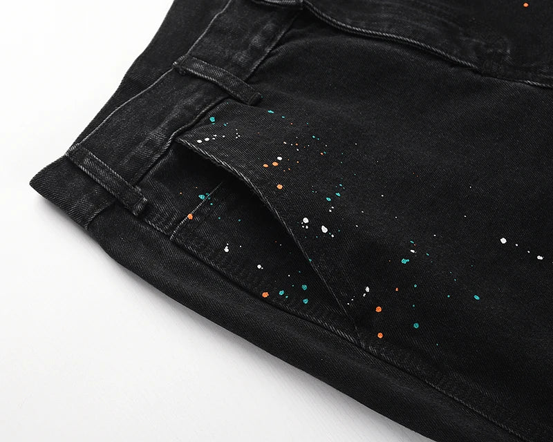 high street retro spotted ink contrast color flared jeans pants male wide leg plus size patchwork ripped denim trousers unique jeans style 115