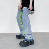 fashion letters embroidery denim flare jeans mens high street elastic waist straight trouser hip hop streetwear pants joggers streetwear sweatpants