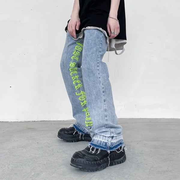 fashion letters embroidery denim flare jeans mens high street elastic waist straight trouser hip hop streetwear pants joggers streetwear sweatpants