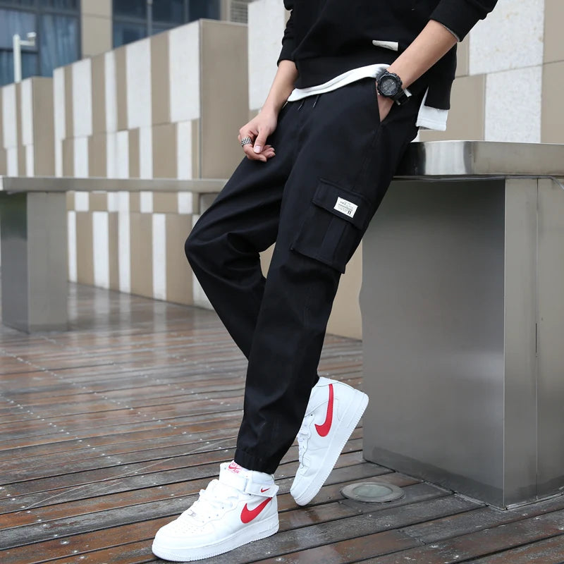 cargo pants men streetwear hip hop pants elastic waist harem ankle length trousers black army green harajuku loose casual pocket military streetwear pants
