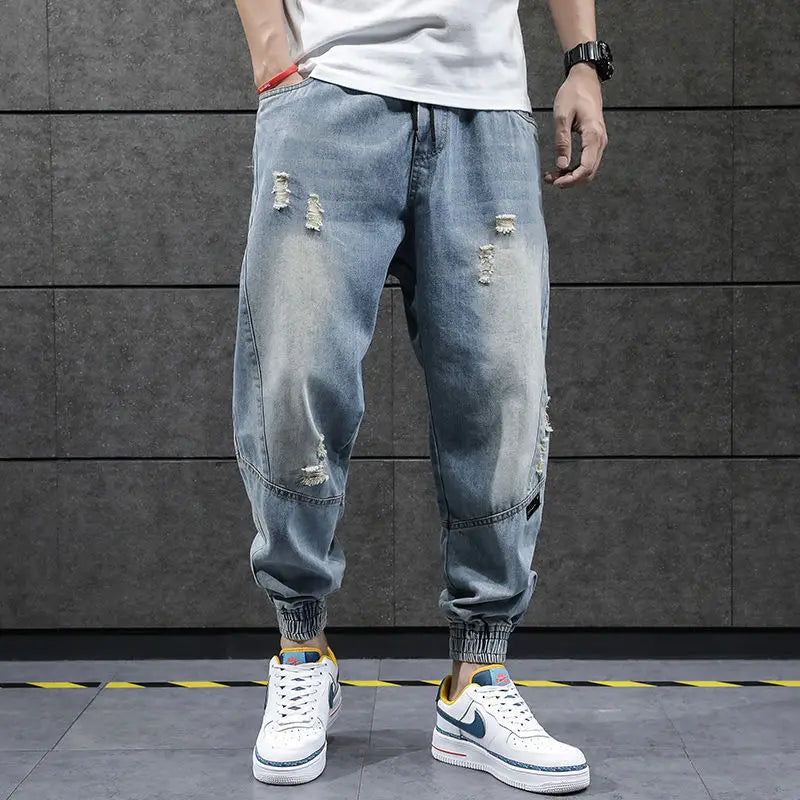 2023 new hip hop harem jeans pants men loose joggers denim casual sweatpants korea ankle length trousers streetwear male clothes urban active pants