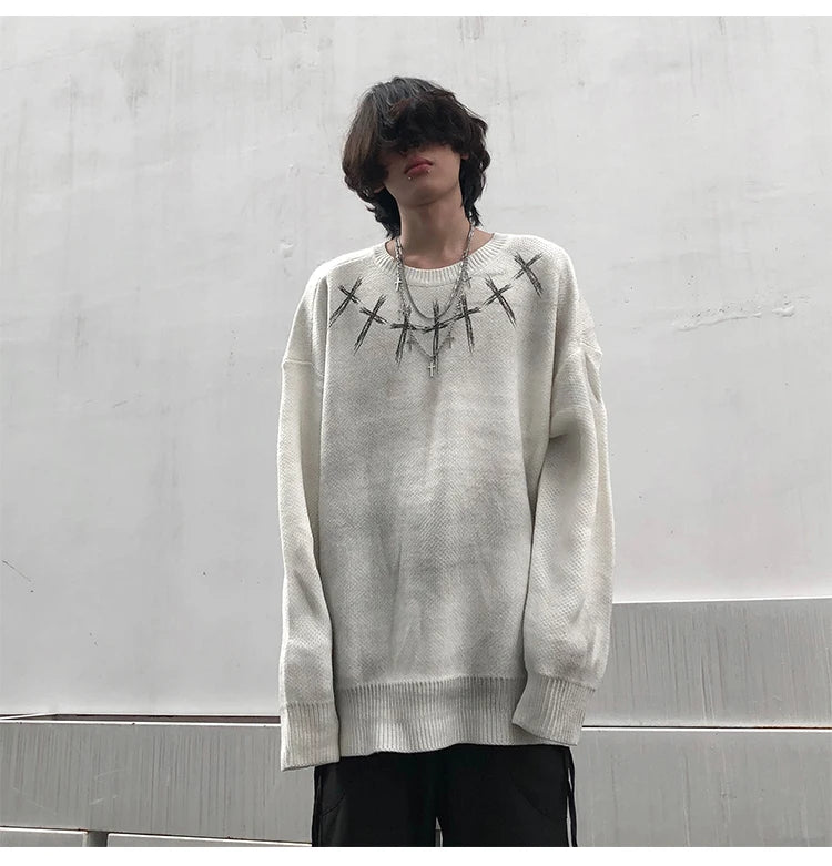 high street vintage wash sweater men graffiti loose knitted pullover long sleeve hip hop oversize sweater casual jumper knitwear - oversized streetwear hoodie, soft fleece-lined outerwear, gothic aesthetic hoodie for winter