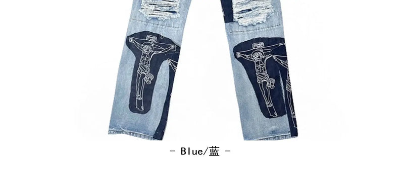 men high street denim jean pants casual loose destroyed ripped holes straight jeans fashion patchwork hip hop streetwear joggers unique joggers style 4518