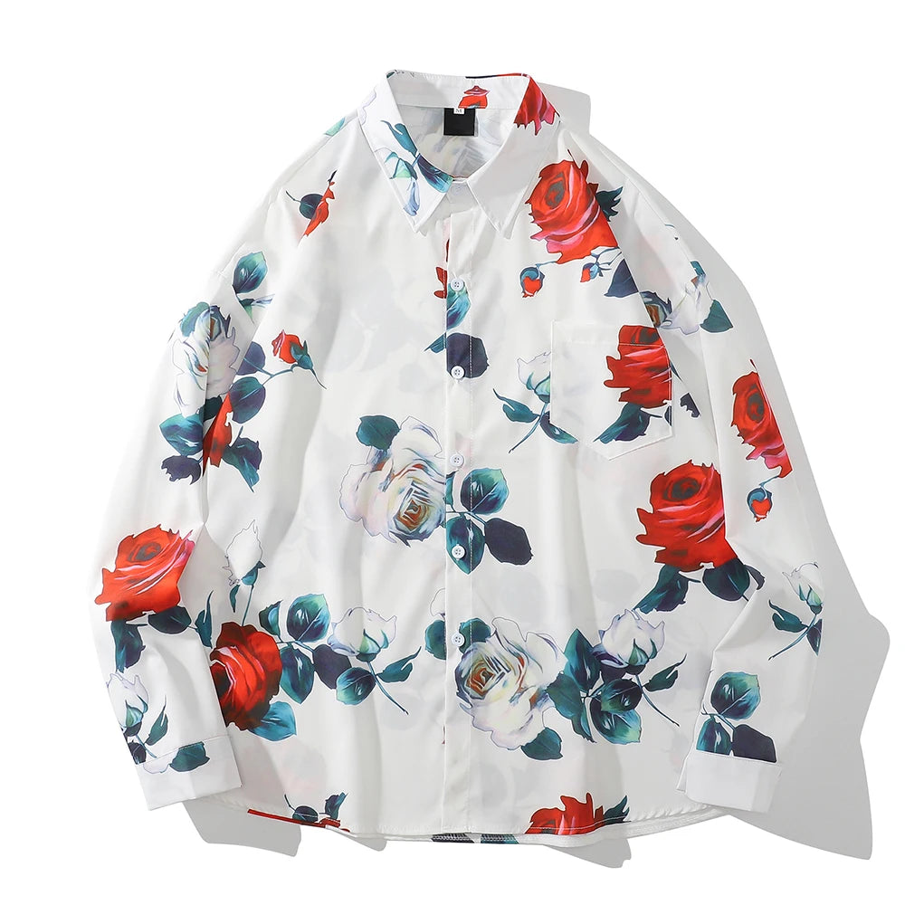 Dark Icon Floral Loose Men's Shirt Long Sleeve Autumn Oversized Shirt Man Black White