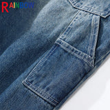 rainbowtouches fashion brand pants men wash jeans unisex wide straight leg loose retro overalls casual superior quality trousers unique jeans style 4880
