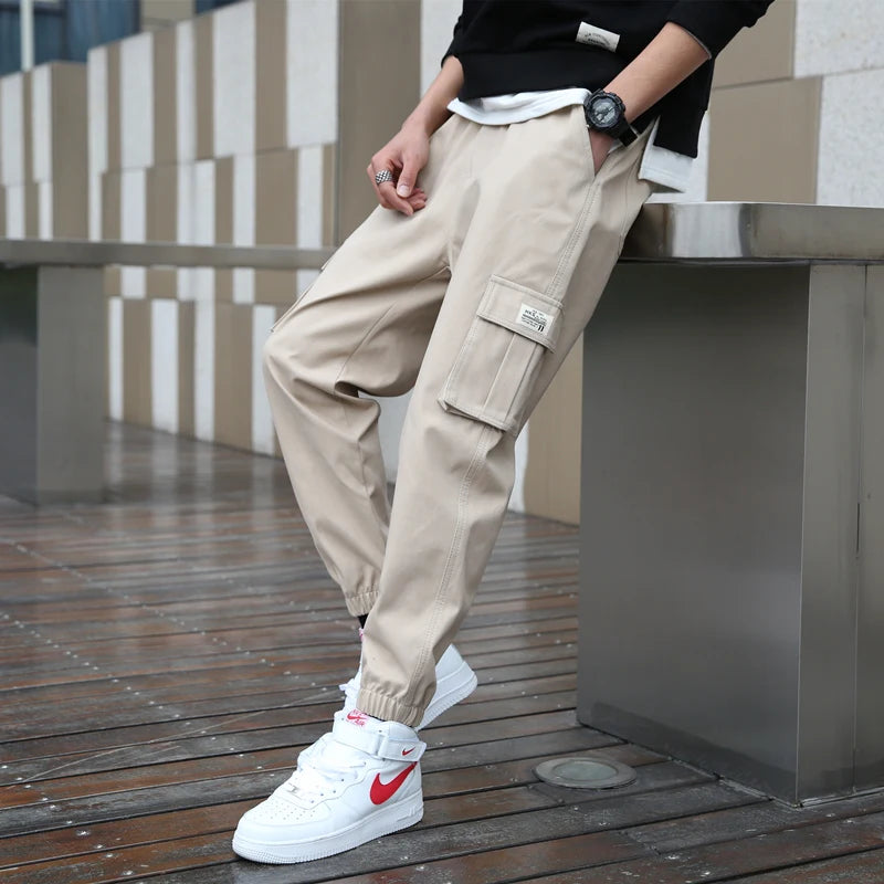 cargo pants men streetwear hip hop pants elastic waist harem ankle length trousers black army green harajuku loose casual pocket utility cargo pants