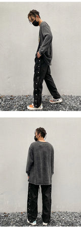 mens side buttons patchwork harajuku straight pants casual elastic waist fake suede trousers hip hop streetwear casual joggers unique joggers style 3904