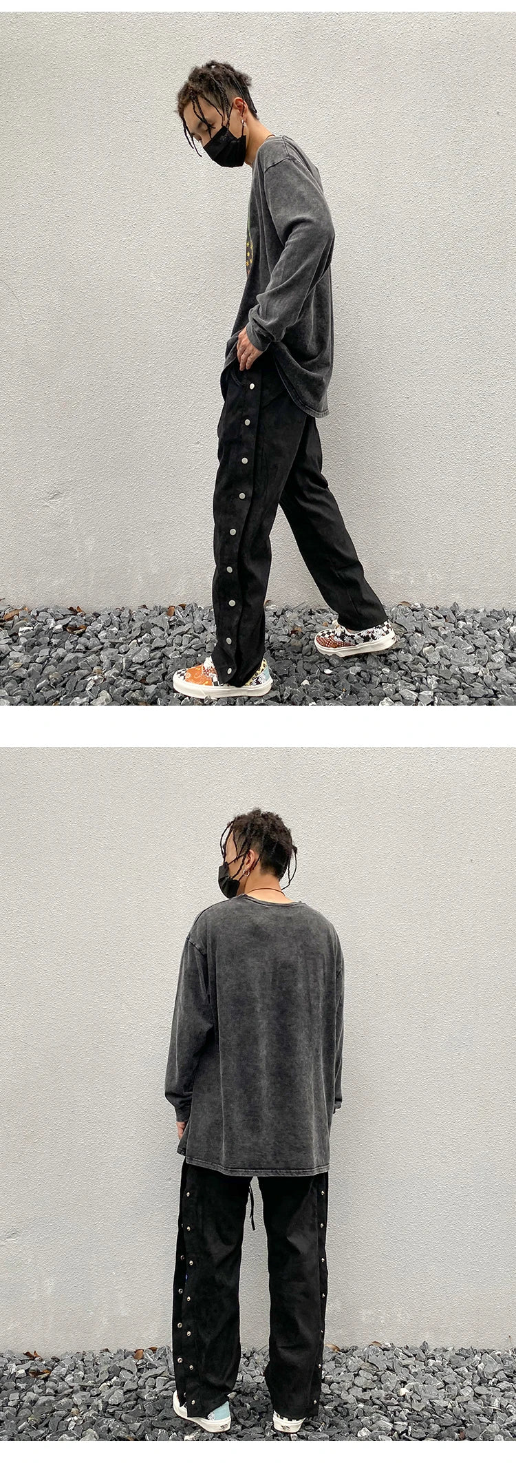 mens side buttons patchwork harajuku straight pants casual elastic waist fake suede trousers hip hop streetwear casual joggers unique joggers style 3904