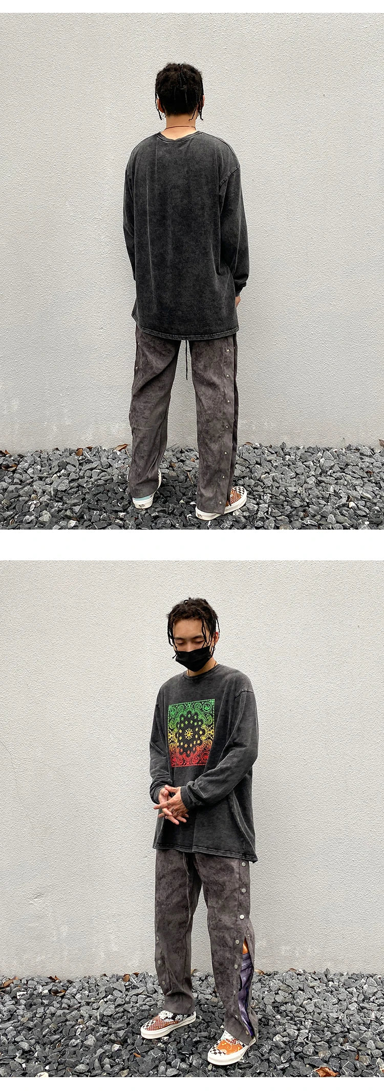 mens side buttons patchwork harajuku straight pants casual elastic waist fake suede trousers hip hop streetwear casual joggers unique joggers style 3907