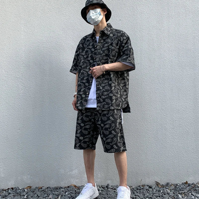 2 Pieces Sets Mens Fashion Embroidery Single Breasted Denim Jeans  Shirts and Straight Zipper Shorts Joggers Streetwear Sets