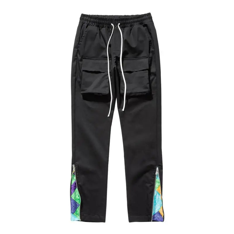 streetwear patchwork cashew flower print cargo pants y2k men hip hop casual functional slim cargo trousers male pocket side zip unique cargo style 4645