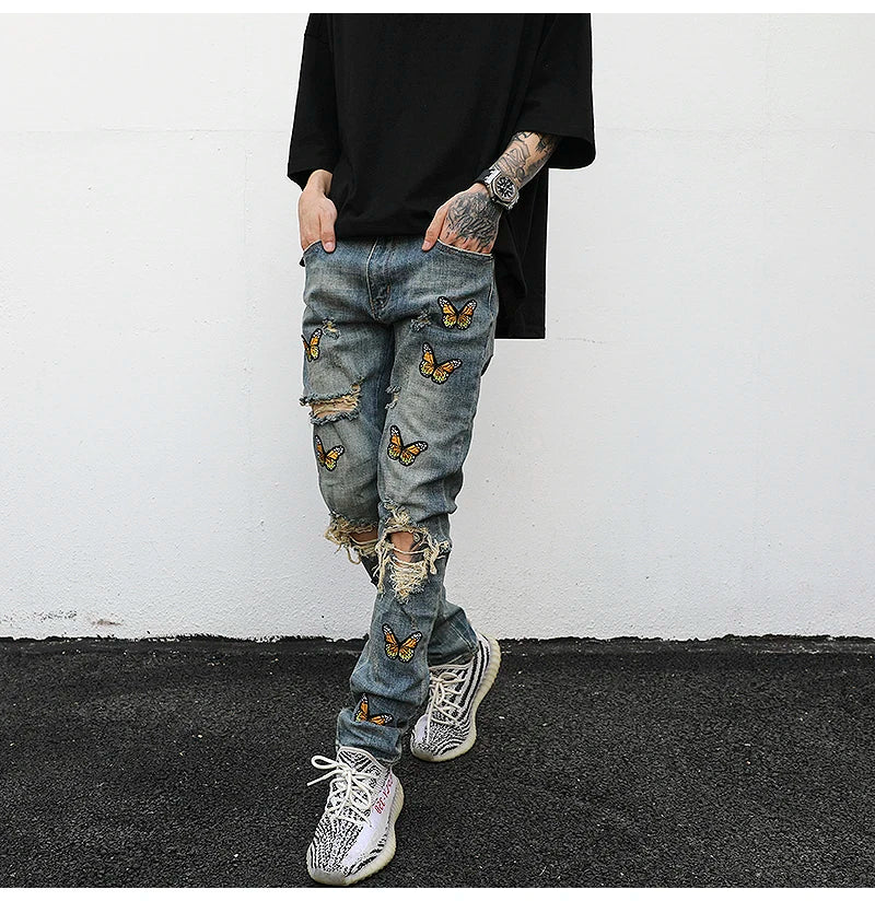 high street butterfly embroidery knee ripped hole jeans mens casual hip hop distressed jeans slim fit skinny denim pants joggers unique joggers style 1883