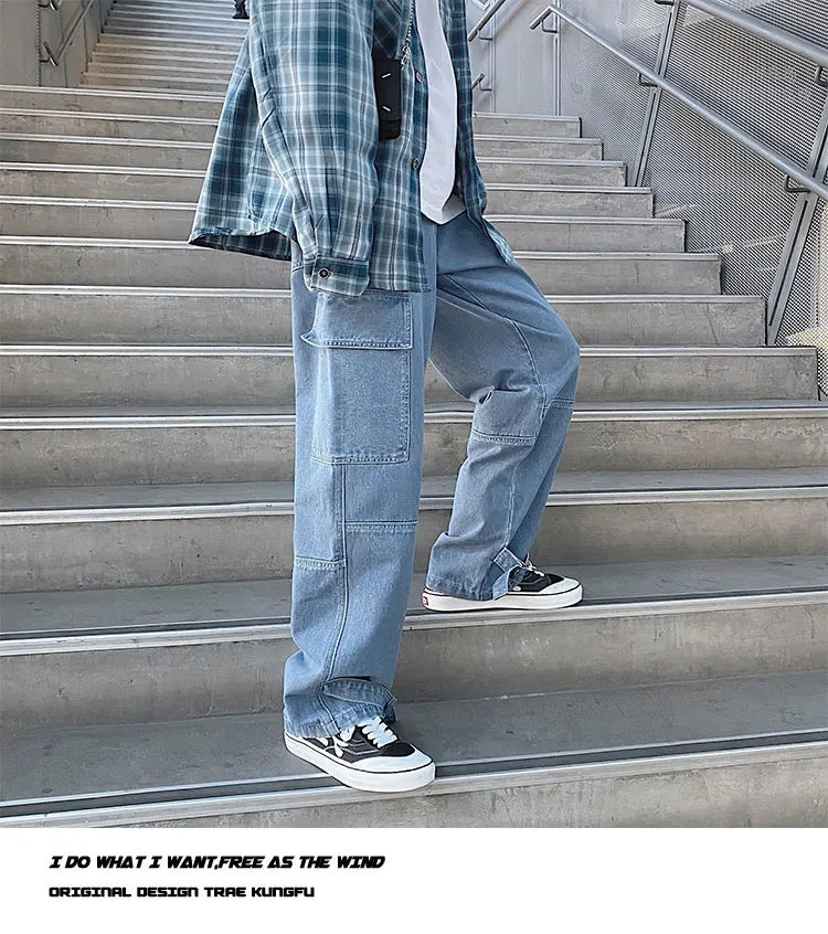men jeans wide leg denim pants loose straight baggy mens jeans hip hop streetwear skateboard neutral denim trousers cargo jeans unique cargo style 2666