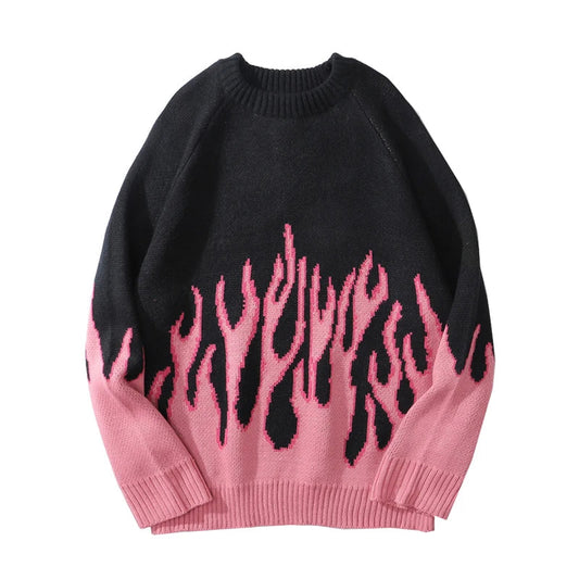 hip hop mens streetwear harajuku knitted sweater fire flame autumn winter new o neck sweater pullover loose retro vintage cotton unique limited edition hoodie, trendy hip hop style outerwear, oversized graphic print design