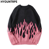 hip hop mens streetwear harajuku knitted sweater fire flame autumn winter new o neck sweater pullover loose retro vintage cotton unique limited edition hoodie, trendy hip hop style outerwear, oversized graphic print design