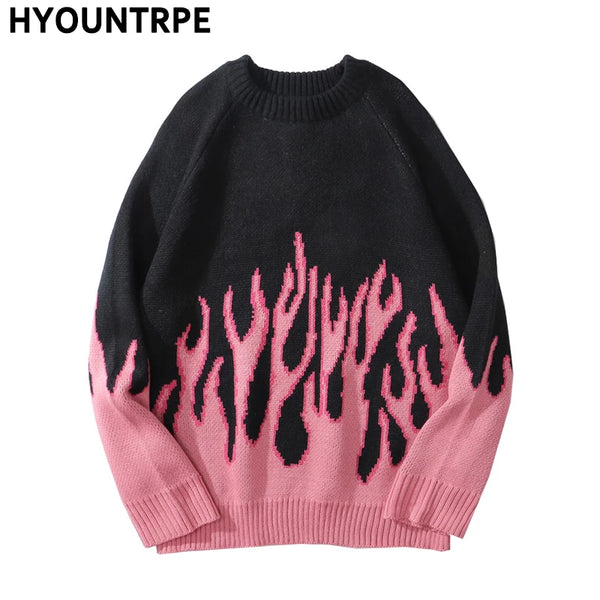 hip hop mens streetwear harajuku knitted sweater fire flame autumn winter new o neck sweater pullover loose retro vintage cotton unique limited edition hoodie, trendy hip hop style outerwear, oversized graphic print design