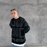 hip hop paisley printed ripped knitted holes sweater mens autumn winter long sleeve pullover streetwear loose sweaters clothing high quality cotton pullover, oversized graphic print design, trendy hip hop style outerwear