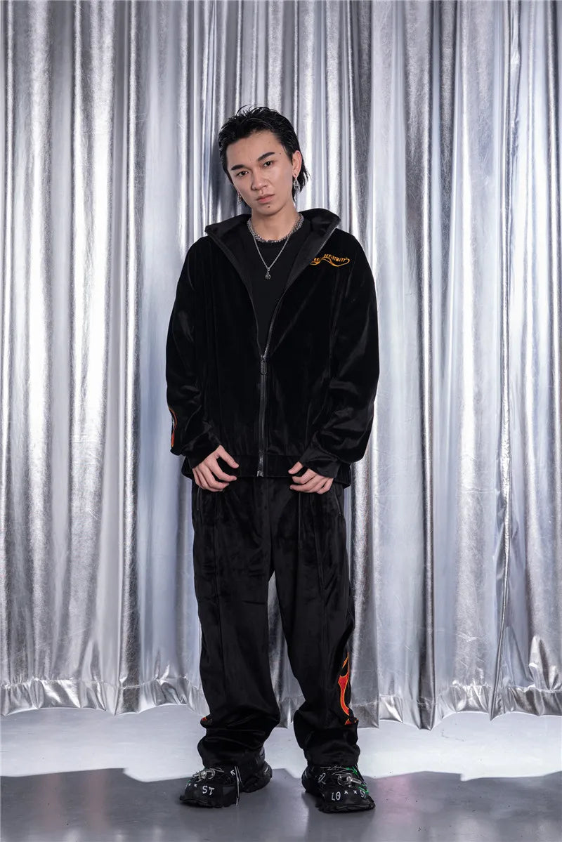 2 pieces set men embroidery velvet zipper jacket and elastic waist loose straight pants sweatsuit hip hop tracksuits sweatsuit minimalist street pants