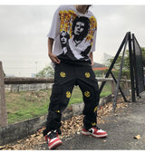 mens high street smilely loose cargo pants casual zipper straight jeans hip hop side pockets loose fit streetwear casual joggers unique joggers style 3487