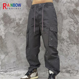 rainbowtouches fashion classic brand mens baggy cargo pants soild color trousers loose straight tooling style lace up overalls multi-pocket cargos