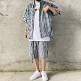 2 Pieces Sets Men Fashion Striped Printed Short Sleeves Single Breasted Loose Shirts and Shorts Joggers Streetwear Hip Hop Set
