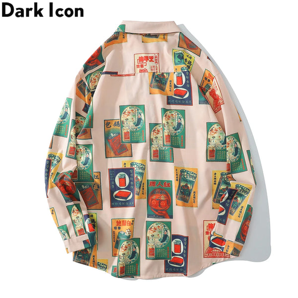 Dark Icon Vintage Printed Shirts Men Turn-down Collar Men's Shirt Streetwear Shirts for Man
