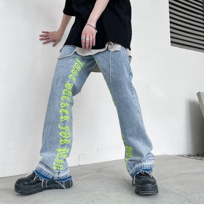 fashion letters embroidery denim flare jeans mens high street elastic waist straight trouser hip hop streetwear pants joggers unique joggers style 4802