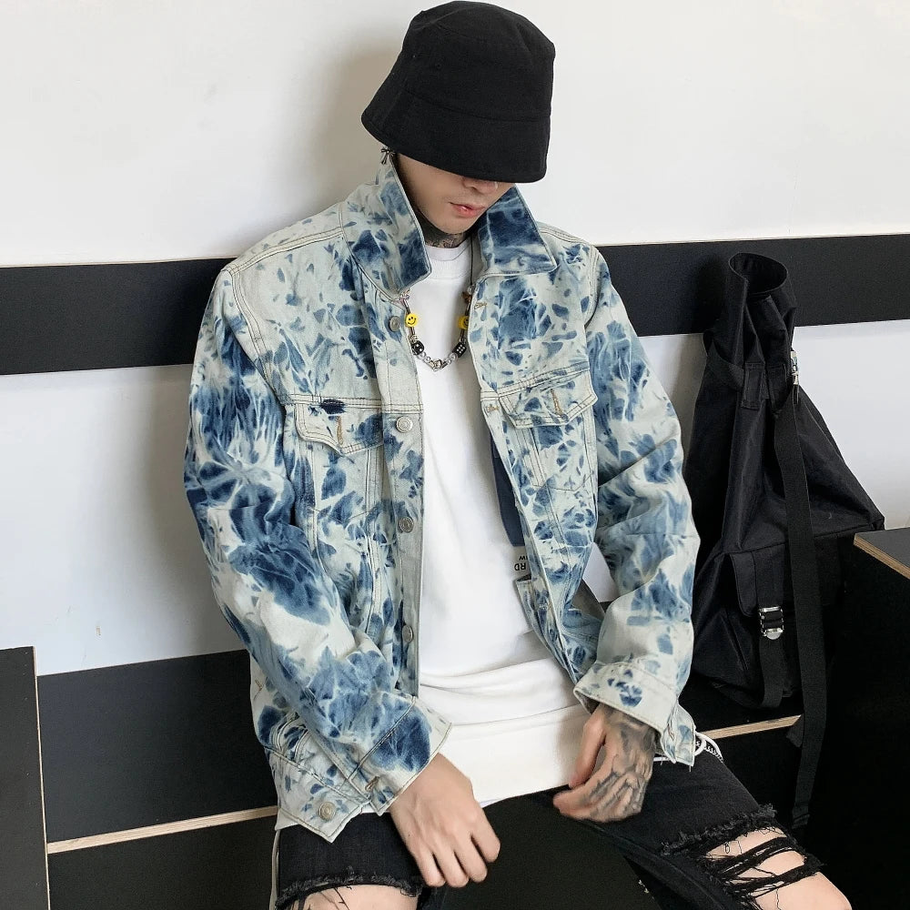 graphic outerwear featuring fashion tie dyed jeans jackets coat men casual single breasted turn down collar denim streetwear new hip hop outerwear jacket design – premium quality jacket for men