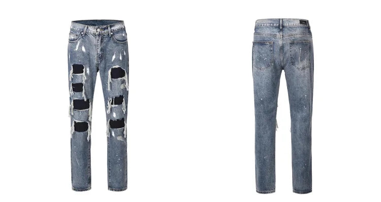 men ripped holes denim jean pants hip hip new fashion straight patchwork pants new casual jeans streetwear mens trousers joggers unique joggers style 1407