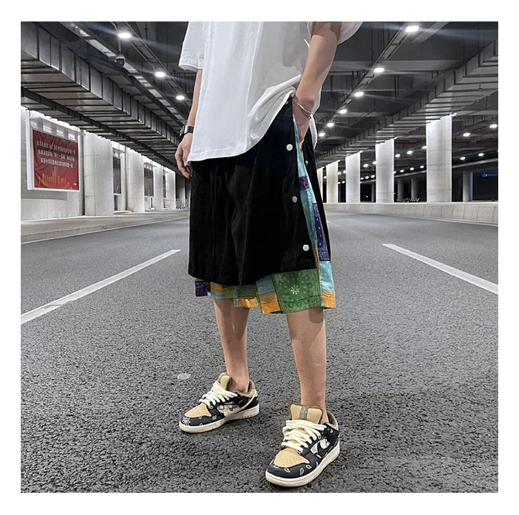 men side buttons patchwork harajuku straight shorts new elastic waist short pants joggers hip hop streetwear casual sweatshorts unique joggers style 1093