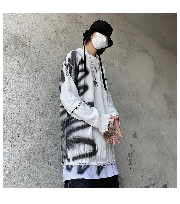 mens hip hop destroy ripped holes streetwear graffiti harajuku sweater vintage retro knitted sweater new casual cotton pullover unique limited edition hoodie, high quality cotton pullover, aesthetic street look hoodie