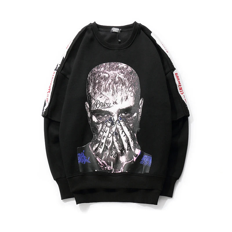 rainbowtouches long sleeve t shirt mens sweater high street fashion hip hop figure print stitching cuff design pattern coats unique limited edition hoodie, streetwear fashion hoodie, trendy hip hop style outerwear