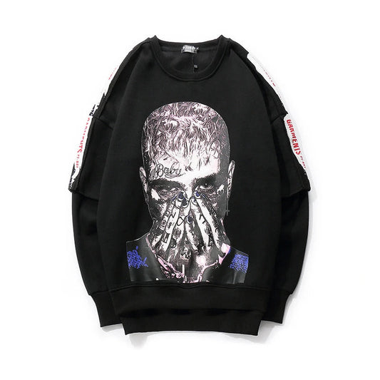 rainbowtouches long sleeve t shirt mens sweater high street fashion hip hop figure print stitching cuff design pattern coats unique limited edition hoodie, streetwear fashion hoodie, trendy hip hop style outerwear