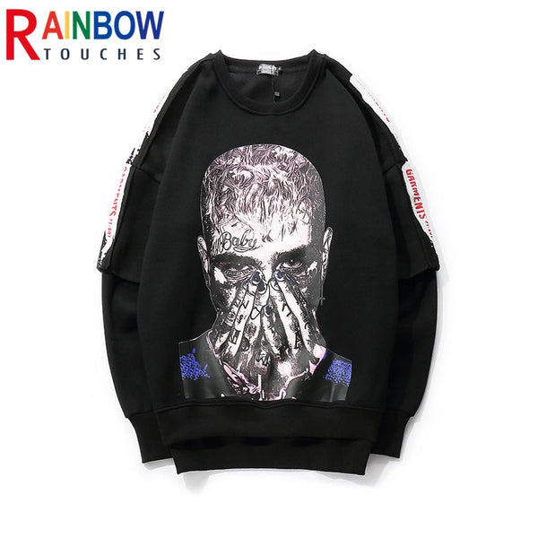 rainbowtouches long sleeve t shirt mens sweater high street fashion hip hop figure print stitching cuff design pattern coats unique limited edition hoodie, streetwear fashion hoodie, trendy hip hop style outerwear