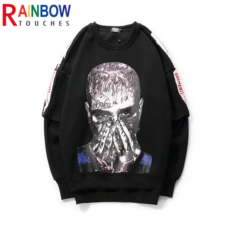 rainbowtouches long sleeve t shirt mens sweater high street fashion hip hop figure print stitching cuff design pattern coats unique limited edition hoodie, streetwear fashion hoodie, trendy hip hop style outerwear