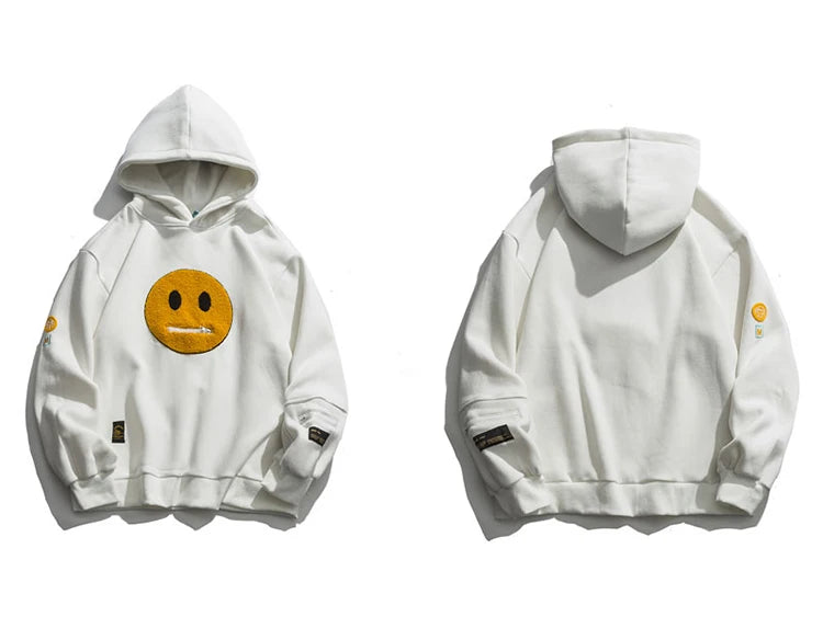 Men Hip Hop Hoodie Streetwear Sweatshirt Zipper Pocket Patches Hoodie 2023 Harajuku Cotton Fleece Hooded Pullover Grey White