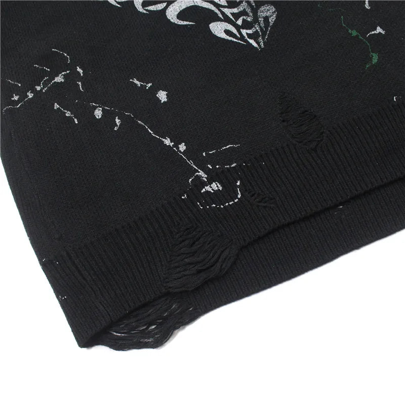 mens hip hop streetwear skull graffiti harajuku sweaters casual knitted sweater ripped holes cotton pullover men jumper sweater - oversized streetwear hoodie, unisex casual winter pullover, 2025 streetwear drop