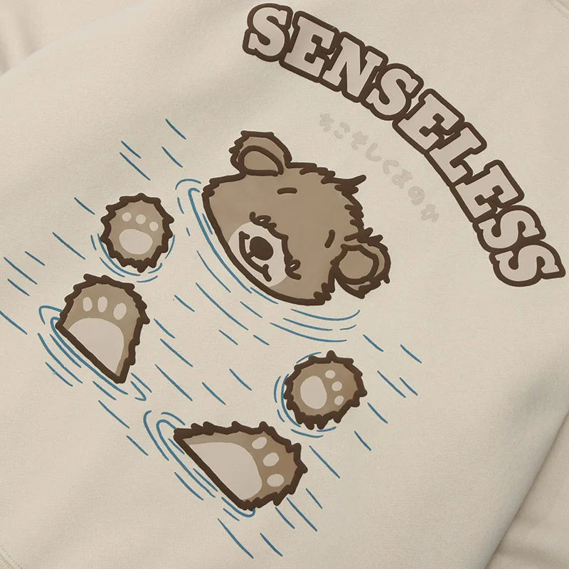 Men Hip Hop Streetwear Hoodie Sweatshirt Funny Bear Japanese Kanji Pul