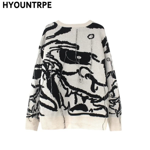 mens sweaters fashion hip hop tassel harajuku sweaters casual long sleeve o neck knitted sweater cotton pullover jumpers sweater urban wear with bold artwork, high quality cotton pullover, oversized graphic print design
