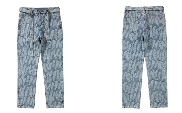 high street feathers embroidery denim pants mens zipper straight jeans trouser with belt hip hop streetwear loose joggers pants unique joggers style 3589
