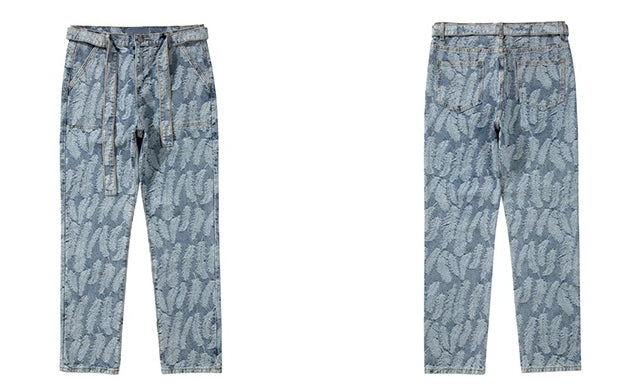 high street feathers embroidery denim pants mens zipper straight jeans trouser with belt hip hop streetwear loose joggers pants unique joggers style 3599