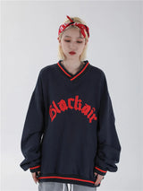 Mens Letter Embroidery Tshirt Tops Men V Neck Long Sleeve Loose Tees Hip Hop Solid Color Oversize Skateboard Streetwear Pullover