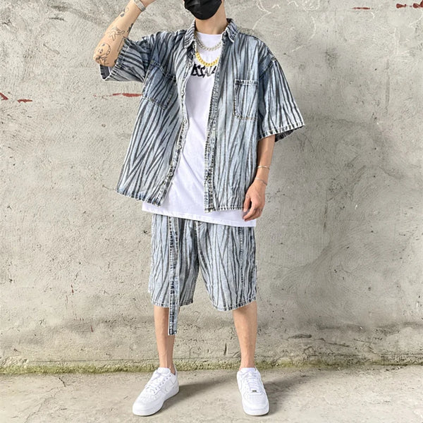 2 Pieces Sets Men Fashion Striped Printed Short Sleeves Single Breasted Loose Shirts and Shorts Joggers Streetwear Hip Hop Set