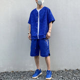 2 Pieces Sets Men Harajuku Pattern Single Breasted Short Sleeve Baseball Shirts and Drewstring Shorts Joggers Streetwear Sets