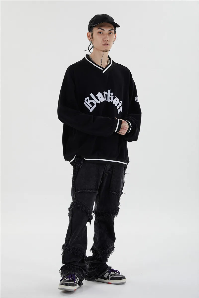 Mens Letter Embroidery Tshirt Tops Men V Neck Long Sleeve Loose Tees Hip Hop Solid Color Oversize Skateboard Streetwear Pullover
