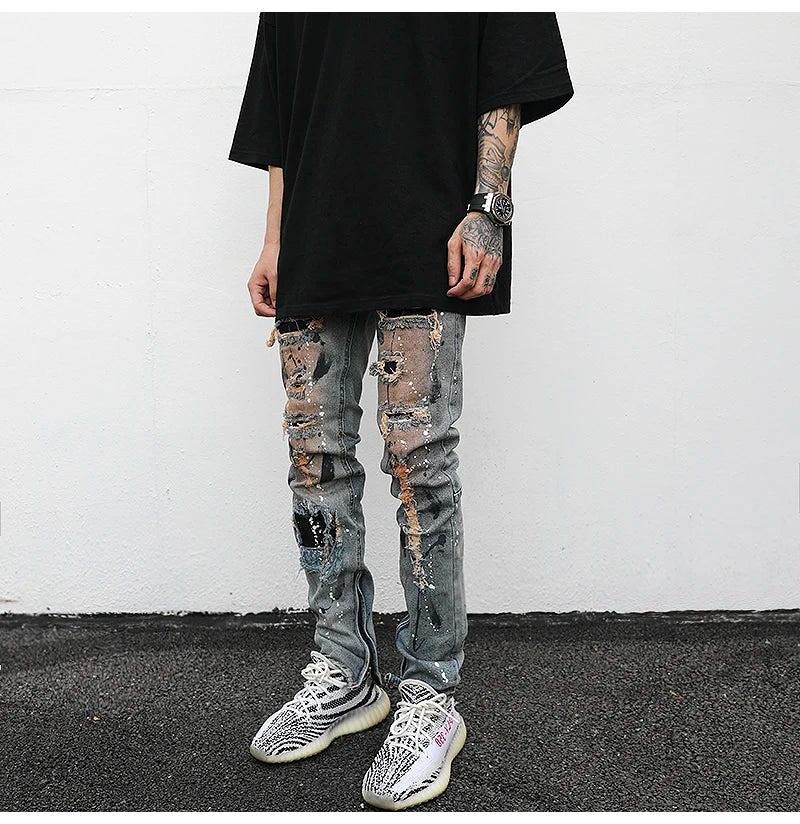bottom zipper destroyed jeans skinny jeans ripped slim men biker jeans fashion graffiti printed streetwear hip hop pants joggers unique joggers style 651