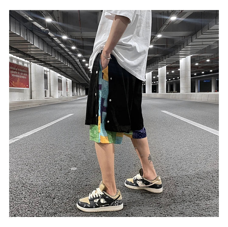 men side buttons patchwork harajuku straight shorts new elastic waist short pants joggers hip hop streetwear casual sweatshorts unique joggers style 1098