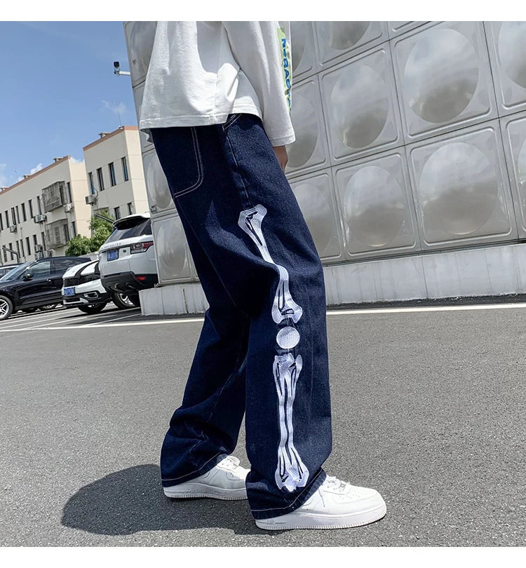 skeleton embroidery straight jean pants couples mopping trousers mens streetwear denim pants mens clothing jeans for men baggy unique jeans style 2817