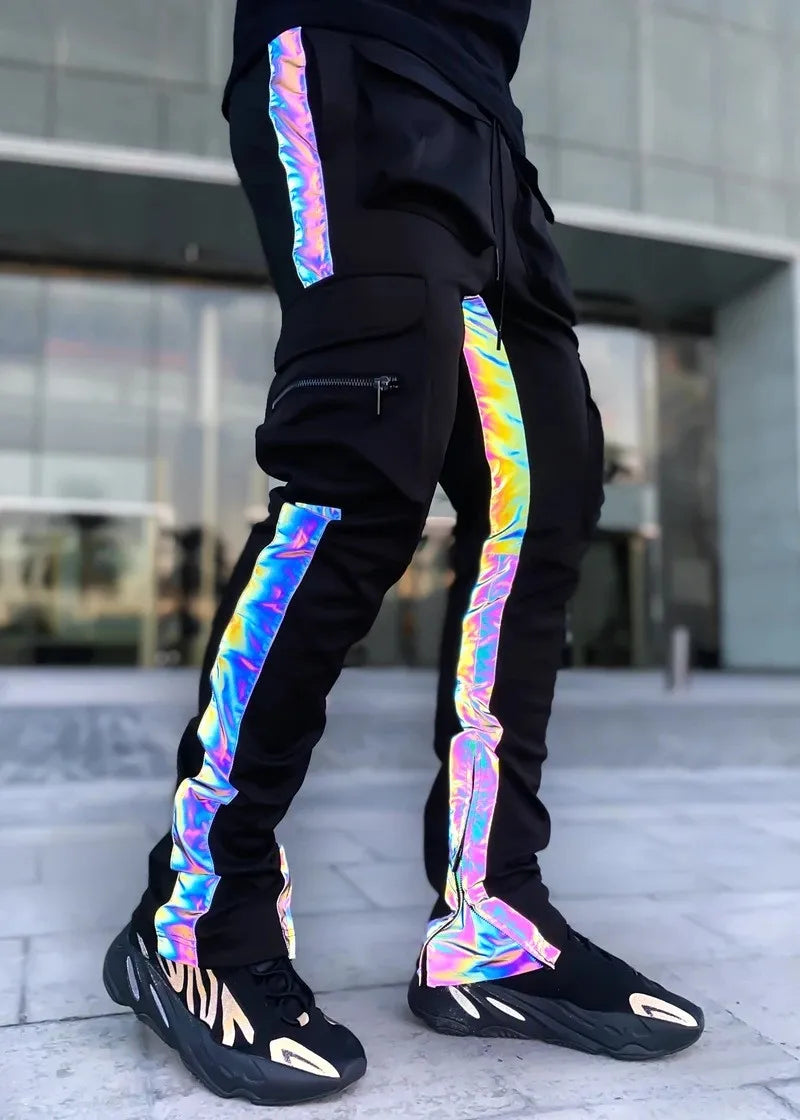hip hop loose fit elastic waist pants cargo pockets spliced reflective lines ankle pants mens drewstring sportwear pants joggers unique joggers style 1973