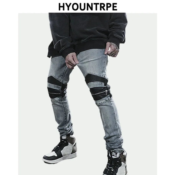 knee zipper hole patckwork skinny denim jeans men casual slim biker trousers jeans fashion streetwear hip hop jean pants joggers streetwear sweatpants